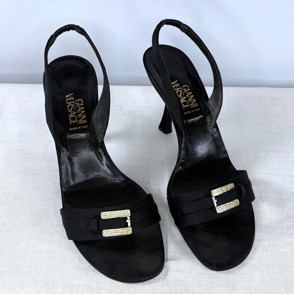 Gianni Versace Vintage Black Satin Slingback Heels Crystal Buckle Italy NO BOX
